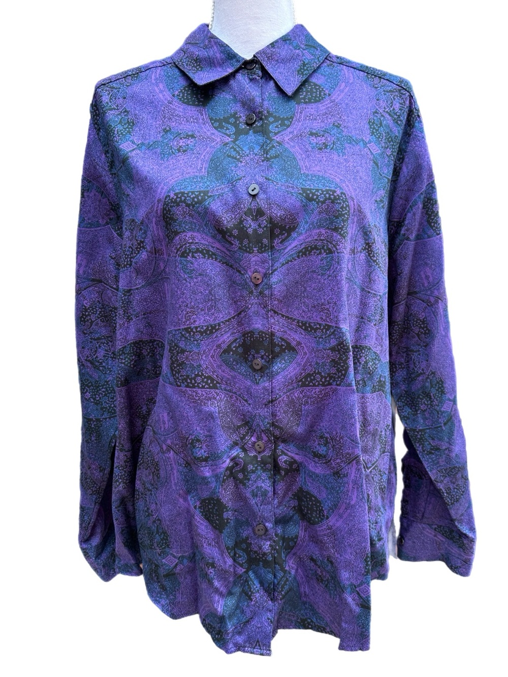NWOT Foxcroft Purple and Blue Abstract Paisley Patterned Button-Up Blouse